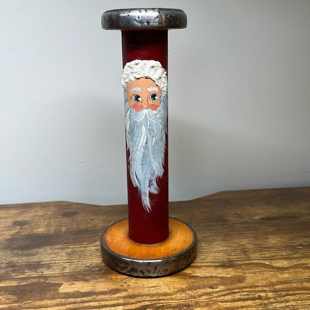Wooden Bobbin with etched and Painted‎ Santa unknown artist unsigned can